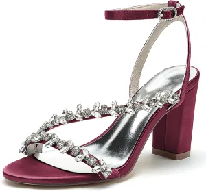 Women's Block Chunky Heel Sandals Ankle Strap Crystal Bridal Wedding Dress Shoes Open Toe Formal Evening Prom Pump