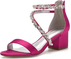 Women's Block Wedding Heels for Bride Chunky Heeled Sandals Rhinestones Bridal Shoes