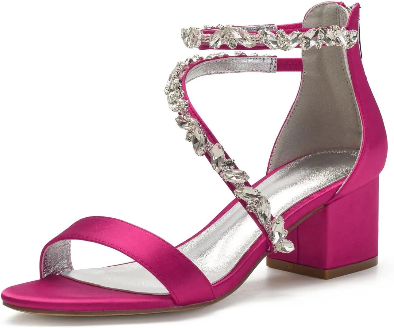 Women's Block Wedding Heels for Bride Chunky Heeled Sandals Rhinestones Bridal Shoes