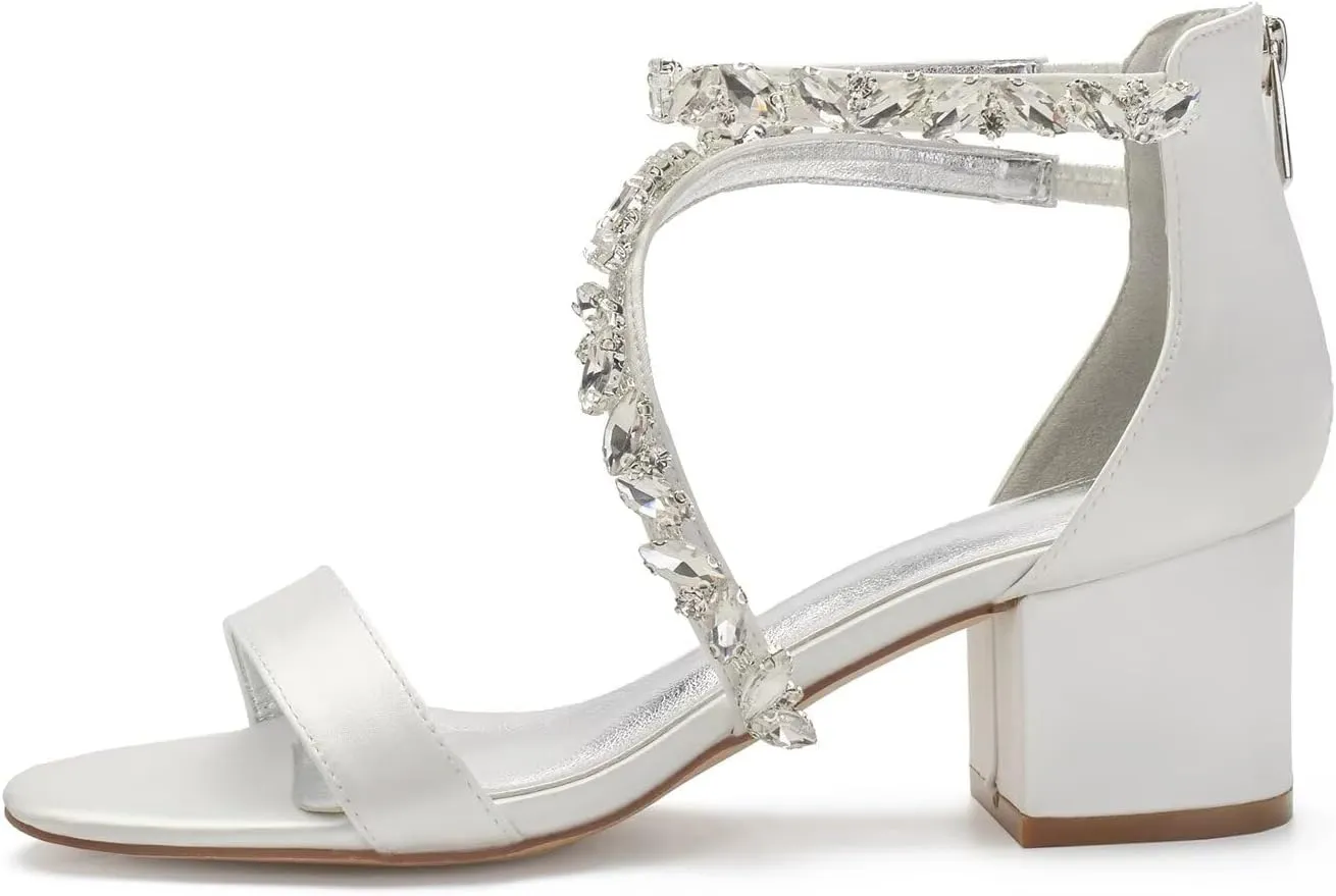 Women's Block Wedding Heels for Bride Chunky Heeled Sandals Rhinestones Bridal Shoes