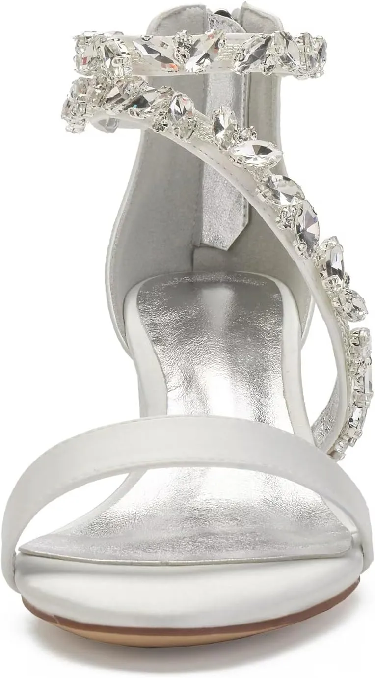 Women's Block Wedding Heels for Bride Chunky Heeled Sandals Rhinestones Bridal Shoes