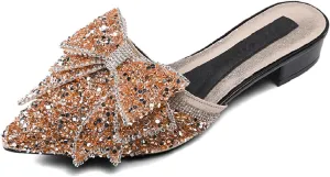 Women's Bow Rhinestone Glitter Low Heels Mules Fashion Closed Pointed Toe Backless Slip on Comfortable Block Heel Pumps Sandals for Party Prom Date Wedding Dressy Slides