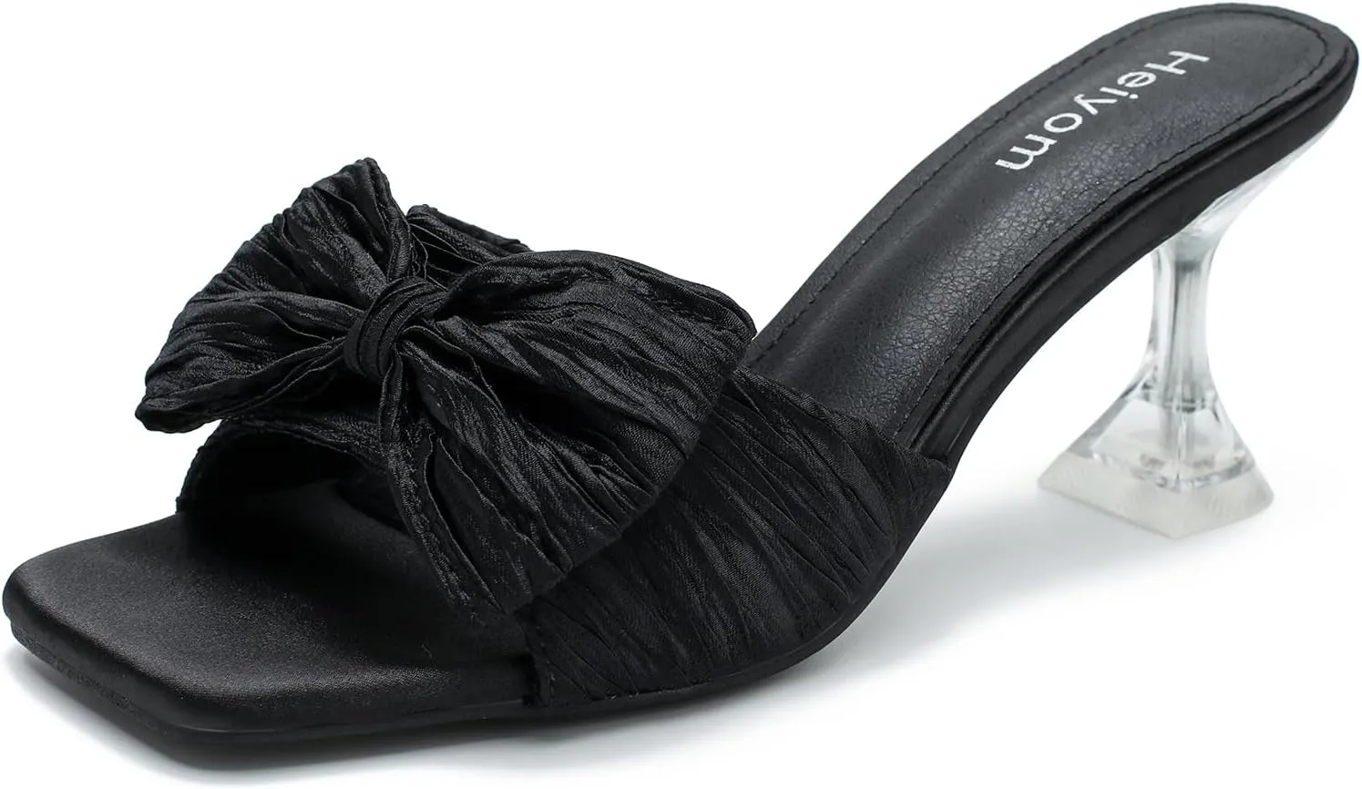 Women's Bowknot Heeled Sandals Square Toe Pleated Bow Heels Slippers Stilettos Mules Slip on Wedding Party Dress Shoe