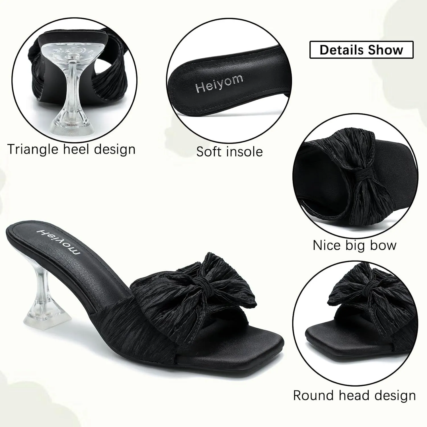 Women's Bowknot Heeled Sandals Square Toe Pleated Bow Heels Slippers Stilettos Mules Slip on Wedding Party Dress Shoe