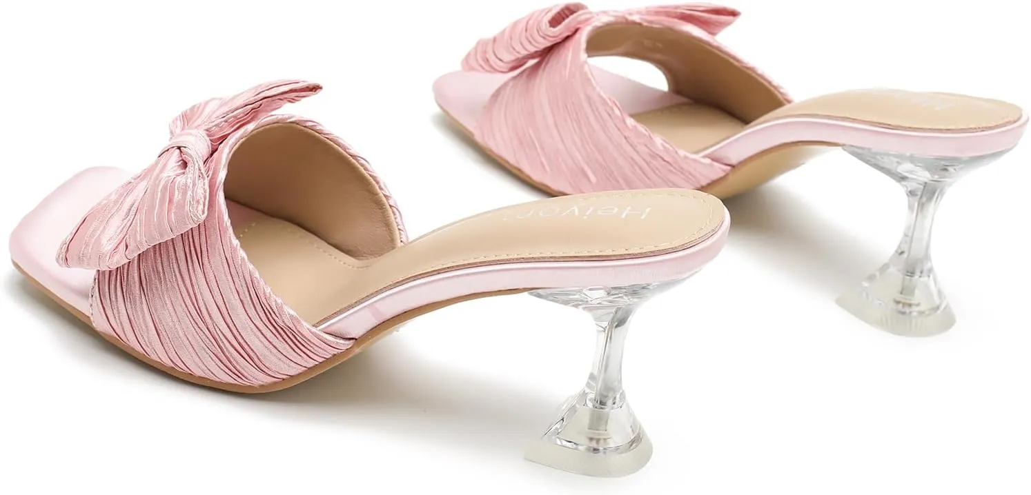 Women's Bowknot Heeled Sandals Square Toe Pleated Bow Heels Slippers Stilettos Mules Slip on Wedding Party Dress Shoe