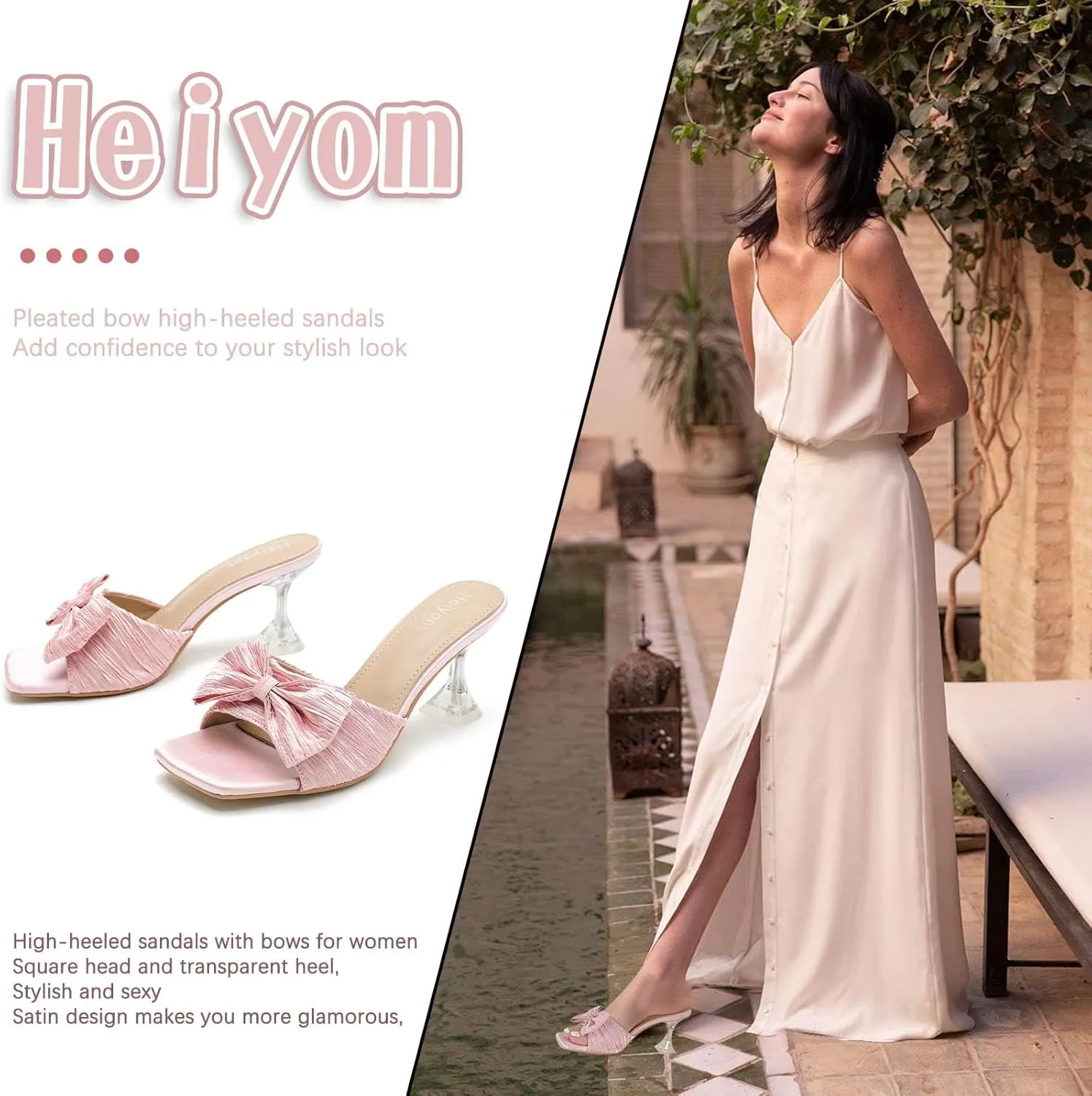Women's Bowknot Heeled Sandals Square Toe Pleated Bow Heels Slippers Stilettos Mules Slip on Wedding Party Dress Shoe