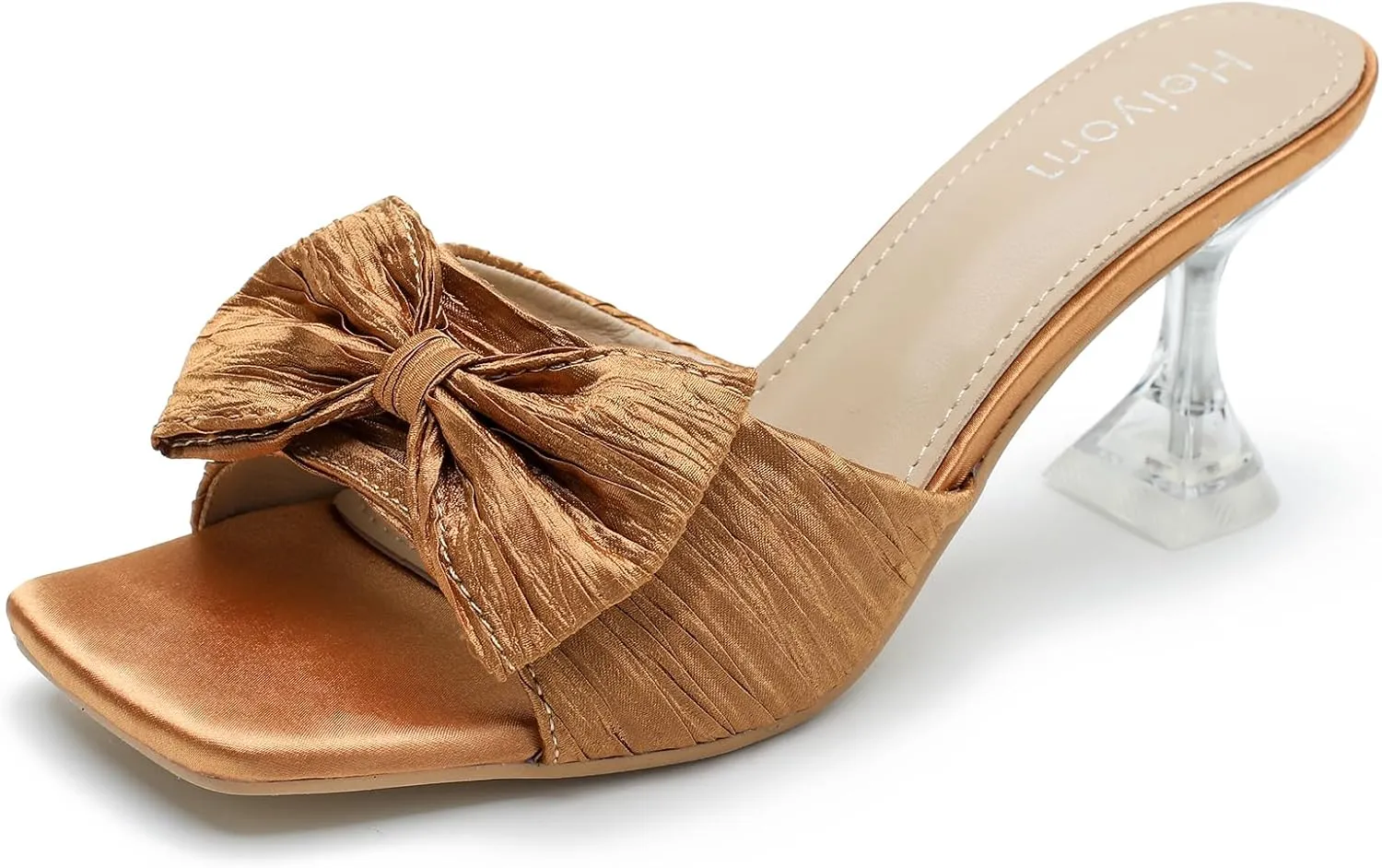 Women's Bowknot Heeled Sandals Square Toe Pleated Bow Heels Slippers Stilettos Mules Slip on Wedding Party Dress Shoe