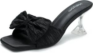 Women's Bowknot Heeled Sandals Square Toe Pleated Bow Heels Slippers Stilettos Mules Slip on Wedding Party Dress Shoe