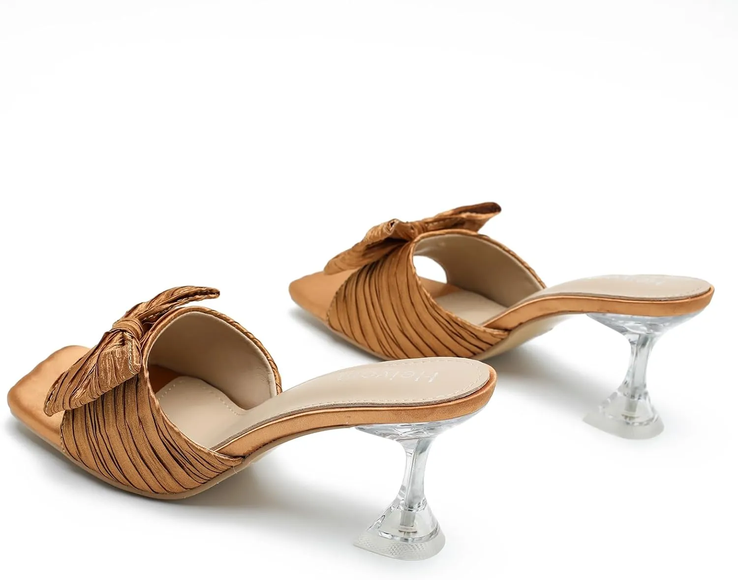 Women's Bowknot Heeled Sandals Square Toe Pleated Bow Heels Slippers Stilettos Mules Slip on Wedding Party Dress Shoe