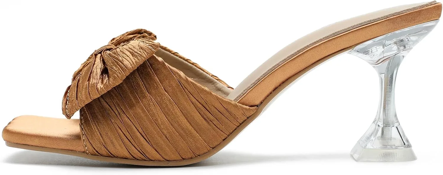 Women's Bowknot Heeled Sandals Square Toe Pleated Bow Heels Slippers Stilettos Mules Slip on Wedding Party Dress Shoe