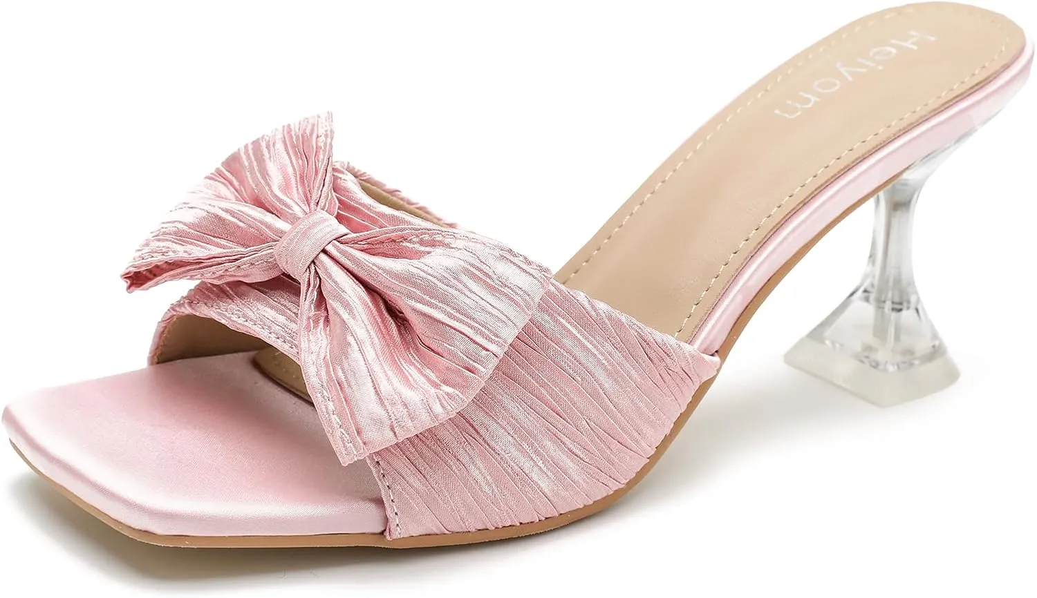 Women's Bowknot Heeled Sandals Square Toe Pleated Bow Heels Slippers Stilettos Mules Slip on Wedding Party Dress Shoe