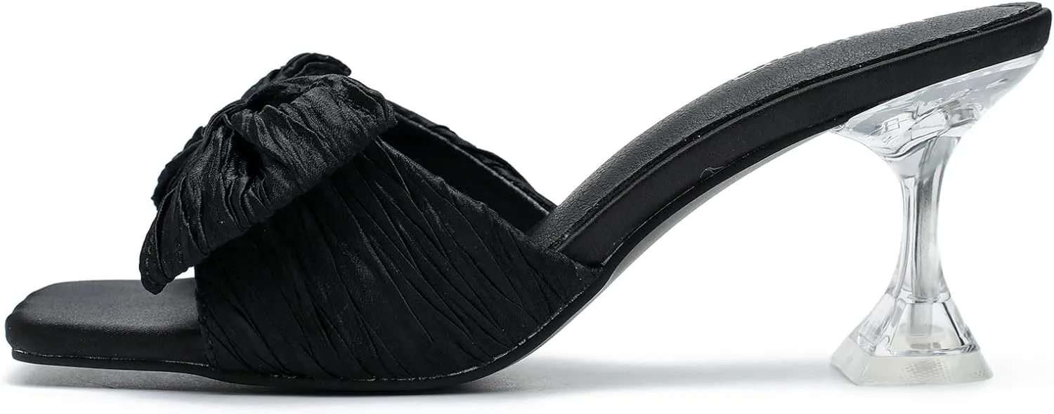 Women's Bowknot Heeled Sandals Square Toe Pleated Bow Heels Slippers Stilettos Mules Slip on Wedding Party Dress Shoe