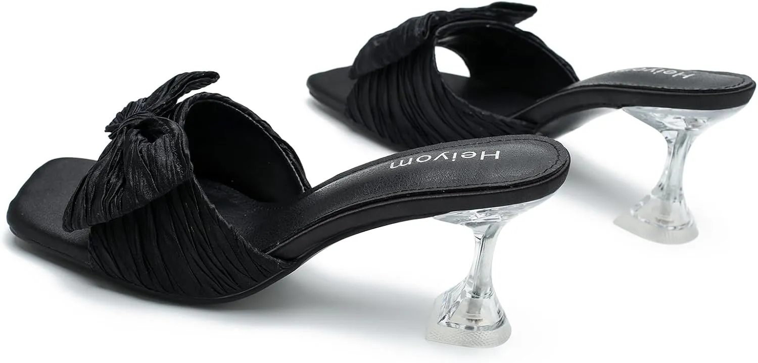 Women's Bowknot Heeled Sandals Square Toe Pleated Bow Heels Slippers Stilettos Mules Slip on Wedding Party Dress Shoe