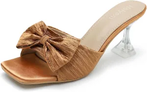 Women's Bowknot Heeled Sandals Square Toe Pleated Bow Heels Slippers Stilettos Mules Slip on Wedding Party Dress Shoe
