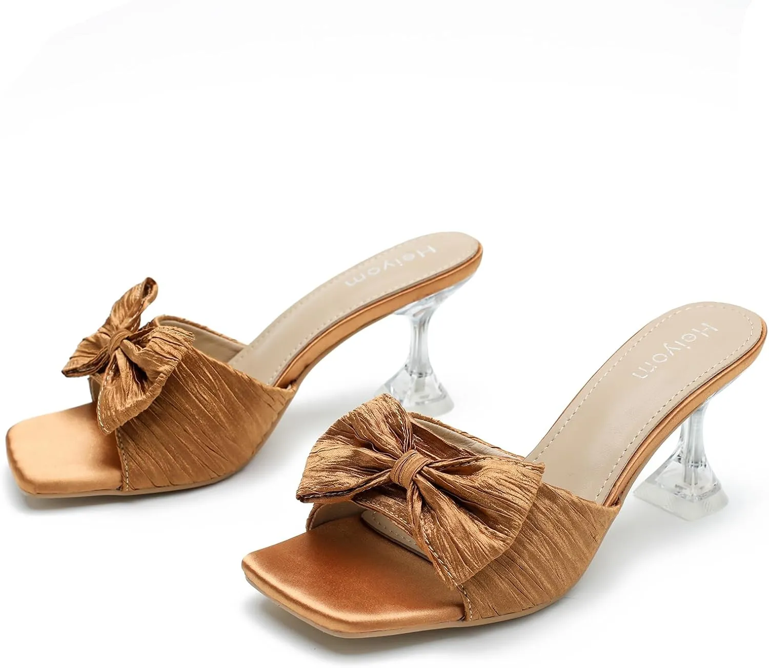 Women's Bowknot Heeled Sandals Square Toe Pleated Bow Heels Slippers Stilettos Mules Slip on Wedding Party Dress Shoe