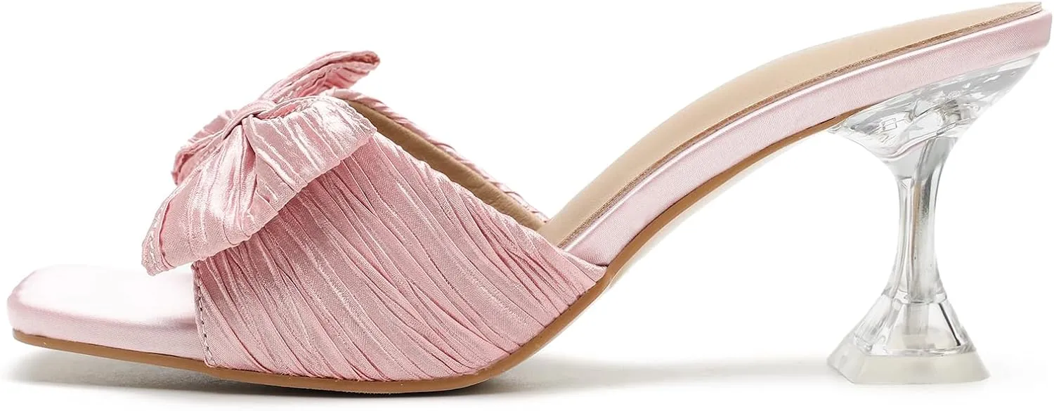 Women's Bowknot Heeled Sandals Square Toe Pleated Bow Heels Slippers Stilettos Mules Slip on Wedding Party Dress Shoe