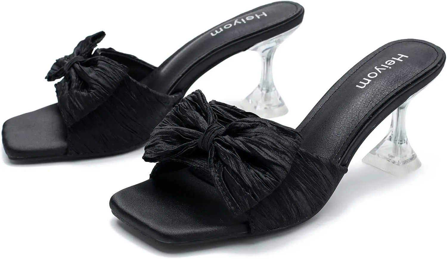 Women's Bowknot Heeled Sandals Square Toe Pleated Bow Heels Slippers Stilettos Mules Slip on Wedding Party Dress Shoe
