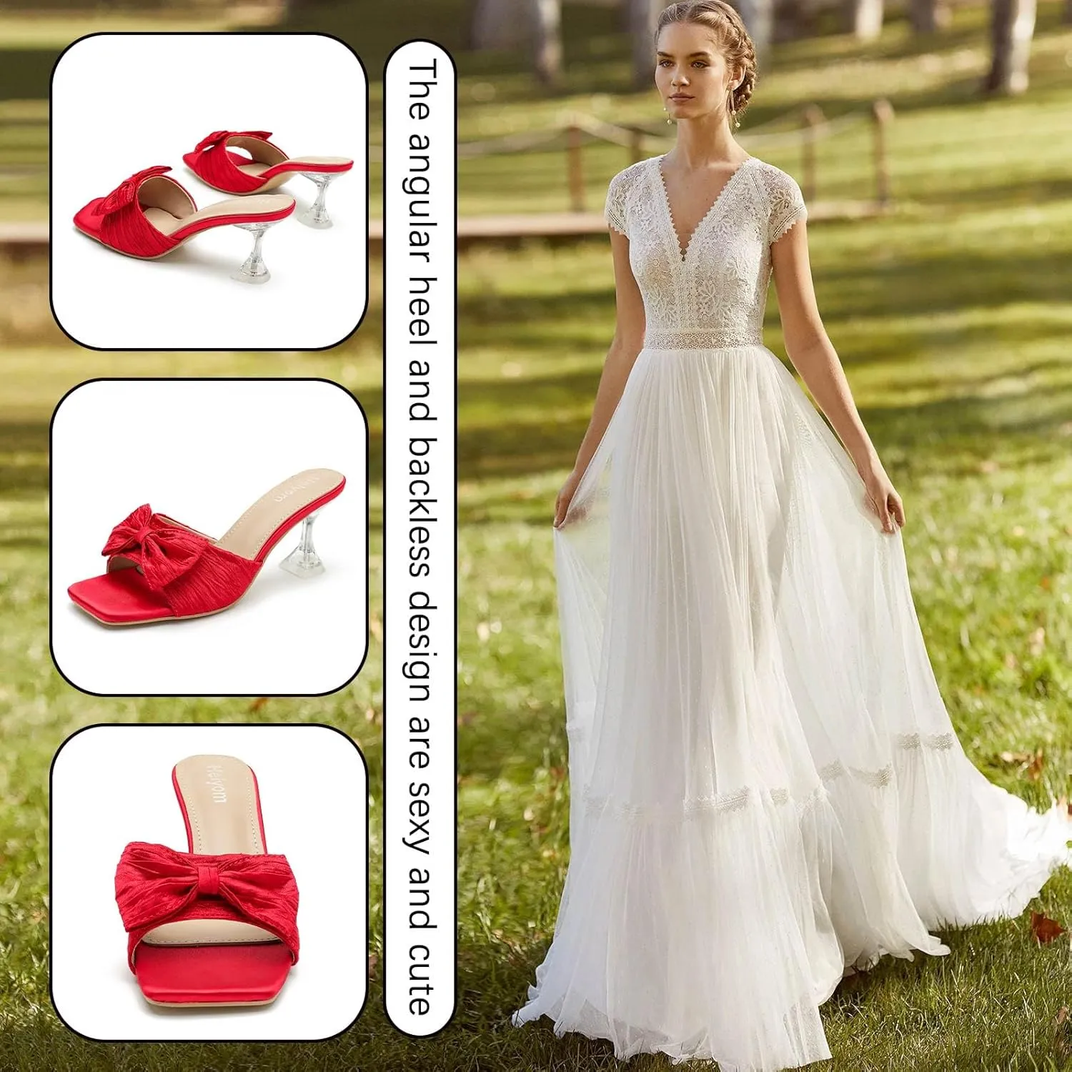 Women's Bowknot Heeled Sandals Square Toe Pleated Bow Heels Slippers Stilettos Mules Slip on Wedding Party Dress Shoe