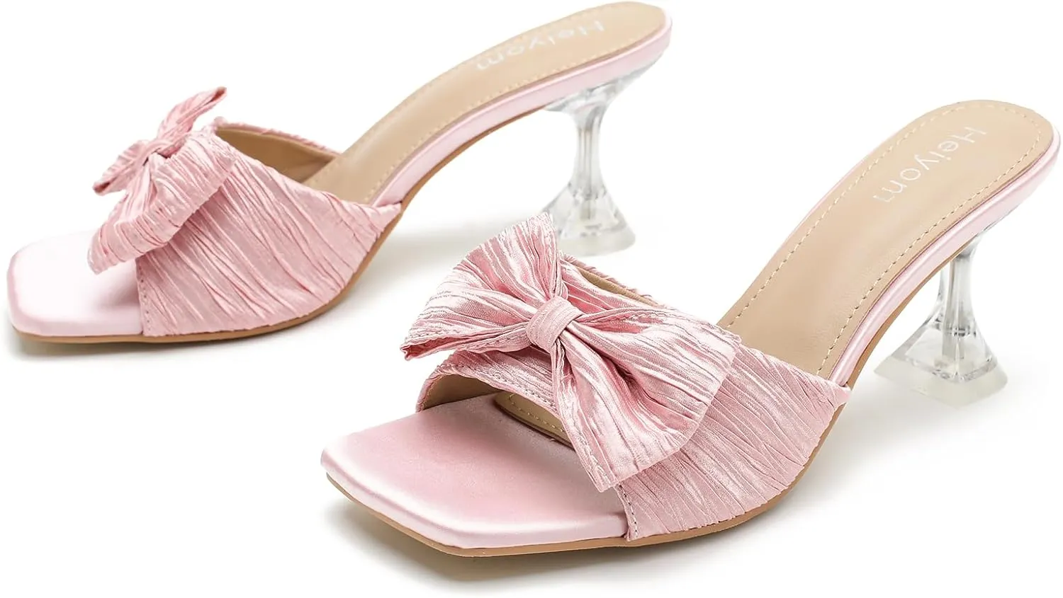 Women's Bowknot Heeled Sandals Square Toe Pleated Bow Heels Slippers Stilettos Mules Slip on Wedding Party Dress Shoe