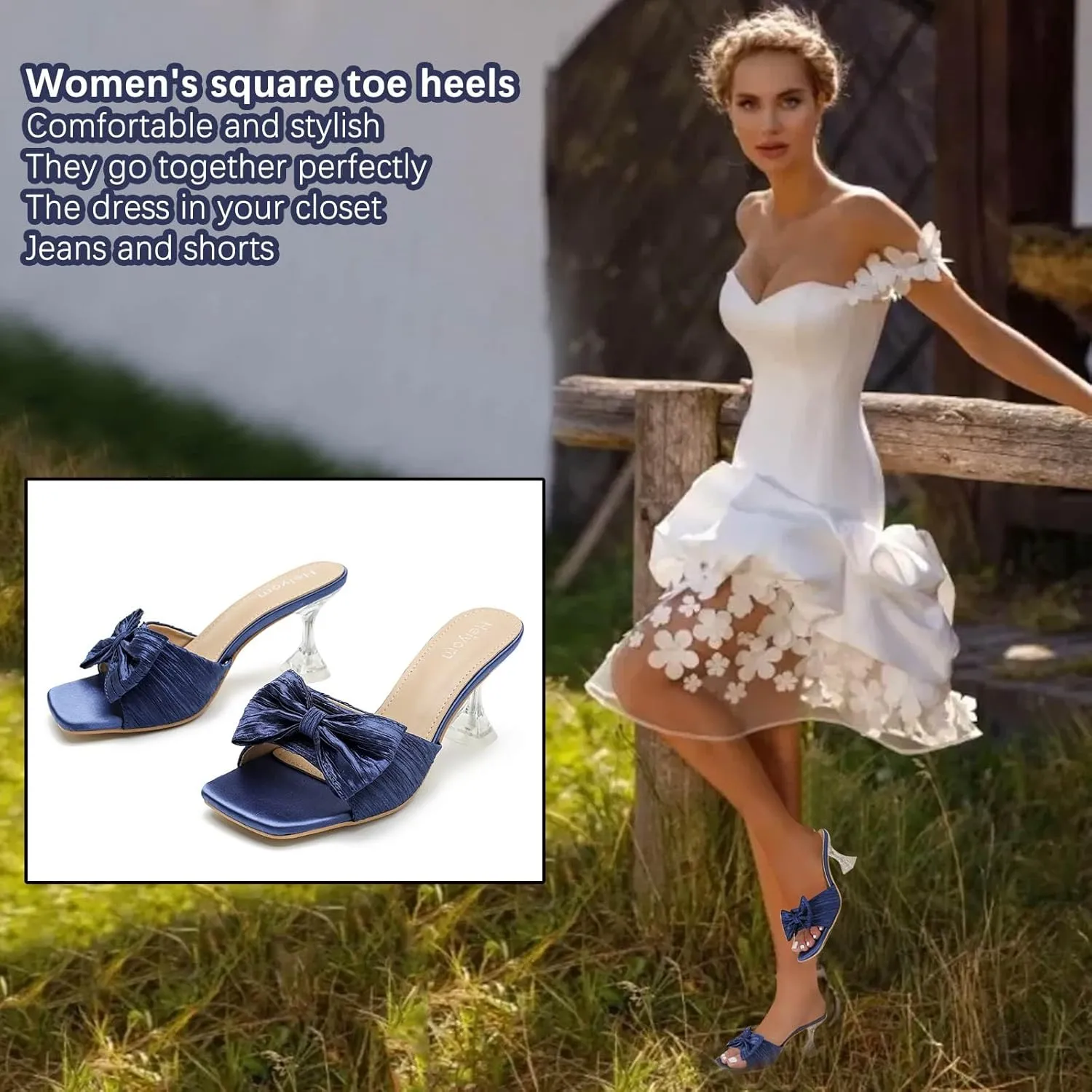 Women's Bowknot Heeled Sandals Square Toe Pleated Bow Heels Slippers Stilettos Mules Slip on Wedding Party Dress Shoe