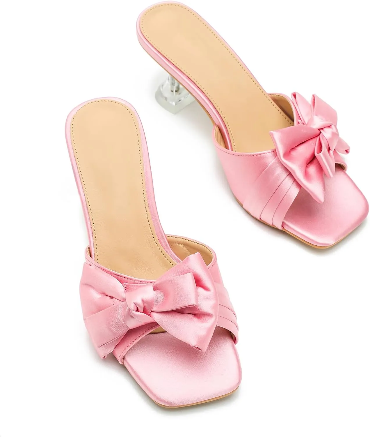Women's Bowknot Heeled Sandals Square Toe Satin Bow Heels Mules Slipper Slip on Wedding Bridal Dress Shoes