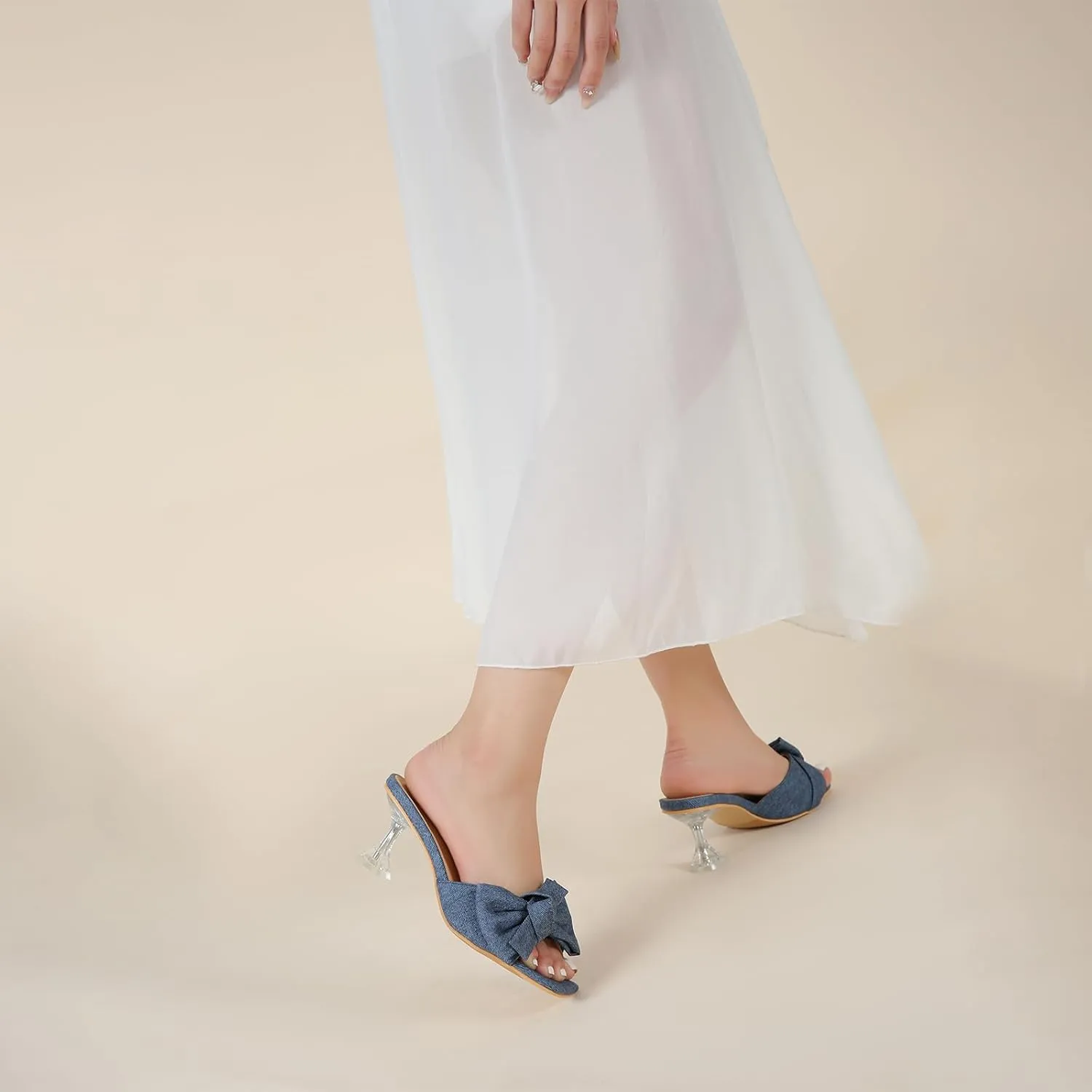 Women's Bowknot Heeled Sandals Square Toe Satin Bow Heels Mules Slipper Slip on Wedding Bridal Dress Shoes
