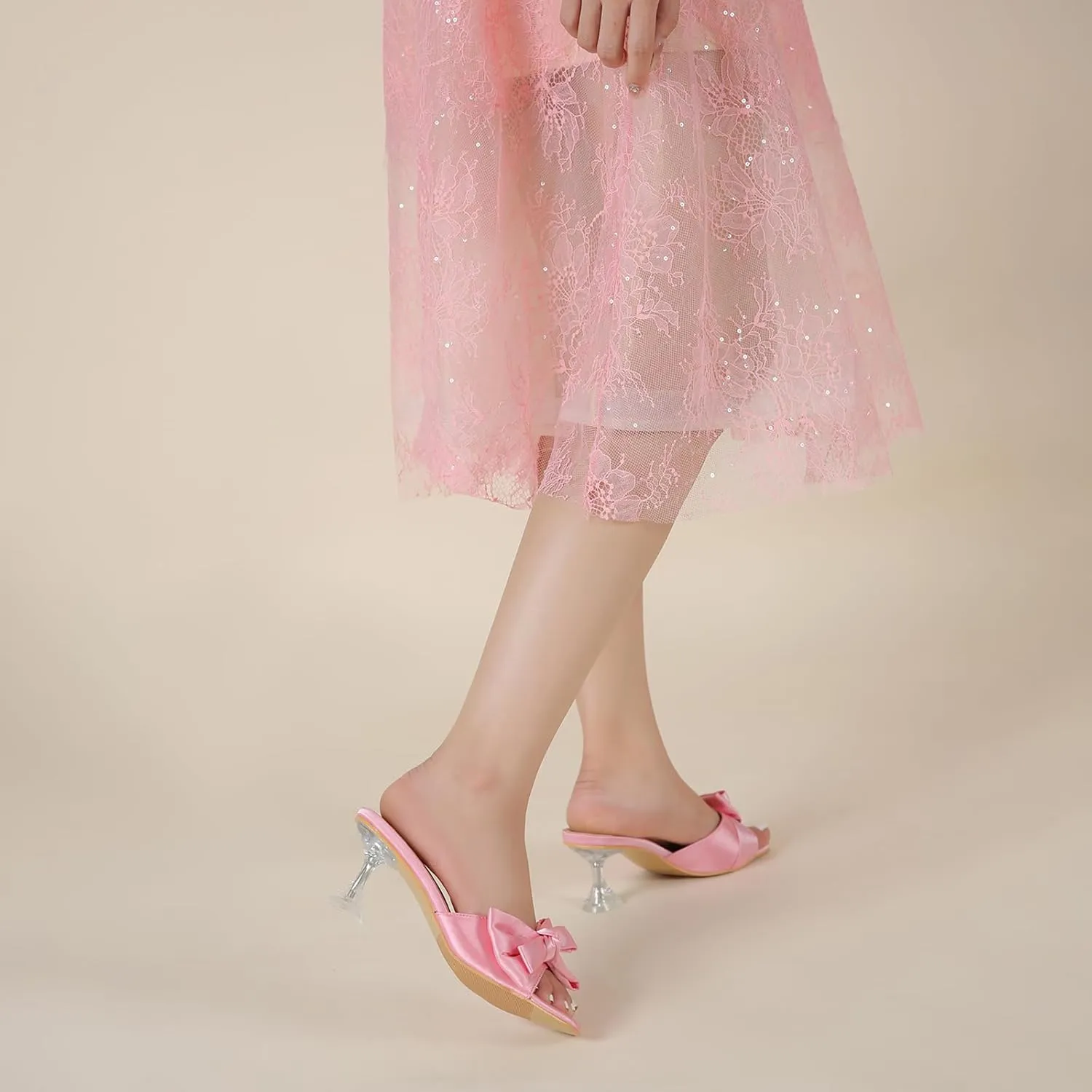 Women's Bowknot Heeled Sandals Square Toe Satin Bow Heels Mules Slipper Slip on Wedding Bridal Dress Shoes