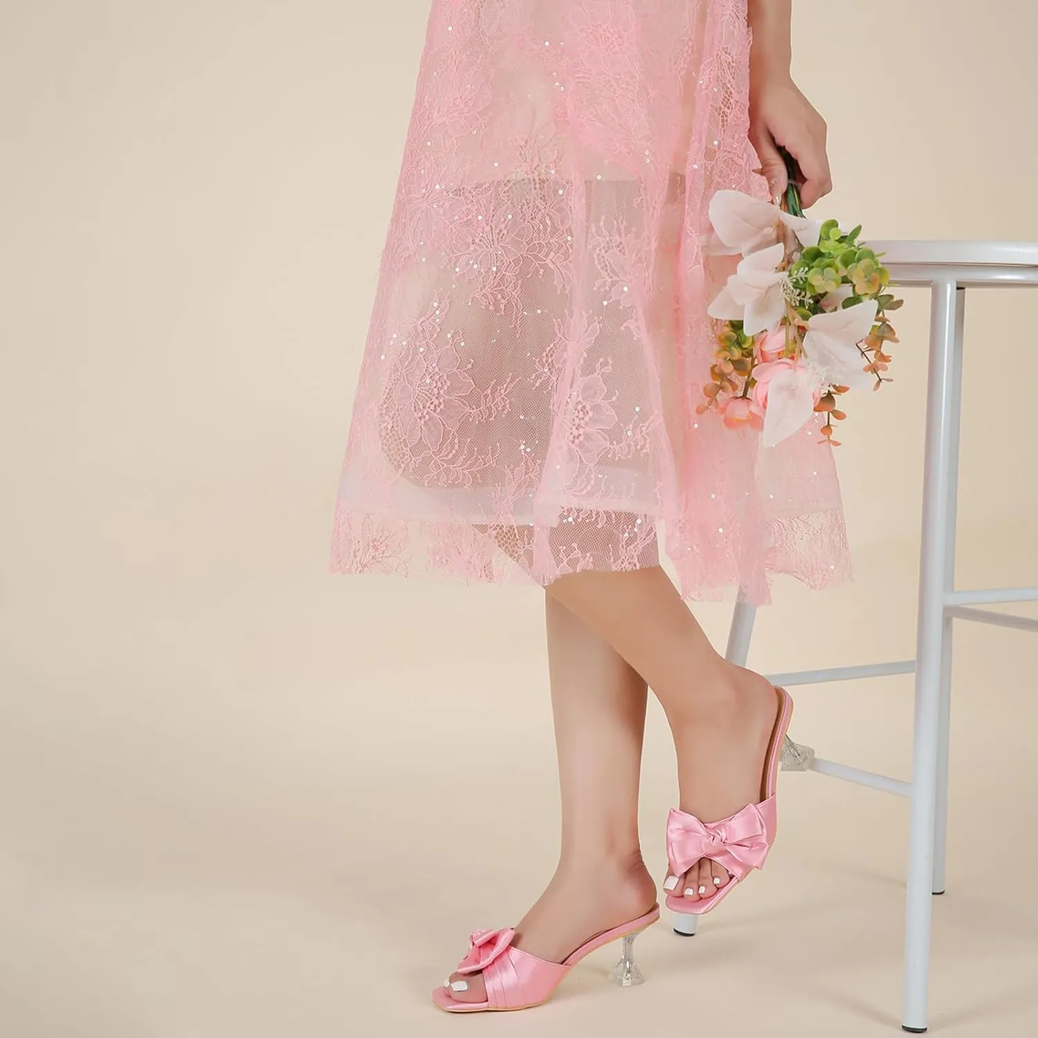 Women's Bowknot Heeled Sandals Square Toe Satin Bow Heels Mules Slipper Slip on Wedding Bridal Dress Shoes