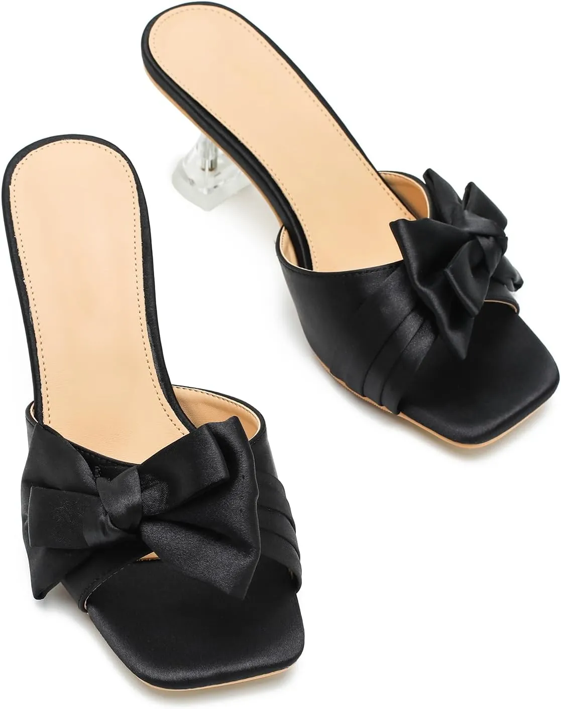 Women's Bowknot Heeled Sandals Square Toe Satin Bow Heels Mules Slipper Slip on Wedding Bridal Dress Shoes