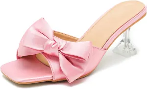 Women's Bowknot Heeled Sandals Square Toe Satin Bow Heels Mules Slipper Slip on Wedding Bridal Dress Shoes