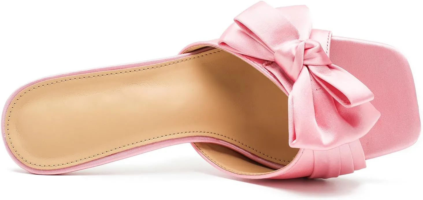 Women's Bowknot Heeled Sandals Square Toe Satin Bow Heels Mules Slipper Slip on Wedding Bridal Dress Shoes