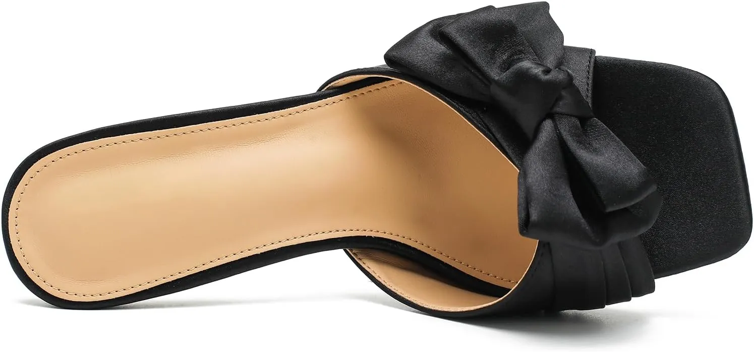 Women's Bowknot Heeled Sandals Square Toe Satin Bow Heels Mules Slipper Slip on Wedding Bridal Dress Shoes