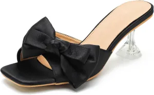 Women's Bowknot Heeled Sandals Square Toe Satin Bow Heels Mules Slipper Slip on Wedding Bridal Dress Shoes
