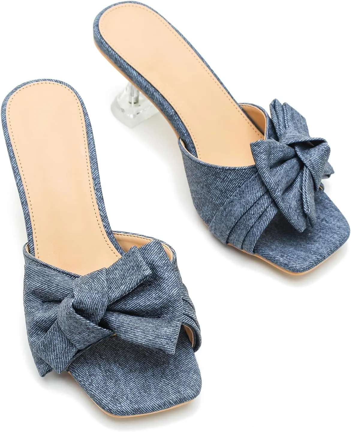 Women's Bowknot Heeled Sandals Square Toe Satin Bow Heels Mules Slipper Slip on Wedding Bridal Dress Shoes