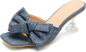 Women's Bowknot Heeled Sandals Square Toe Satin Bow Heels Mules Slipper Slip on Wedding Bridal Dress Shoes