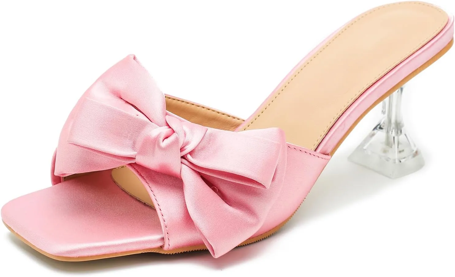 Women's Bowknot Heeled Sandals Square Toe Satin Bow Heels Mules Slipper Slip on Wedding Bridal Dress Shoes