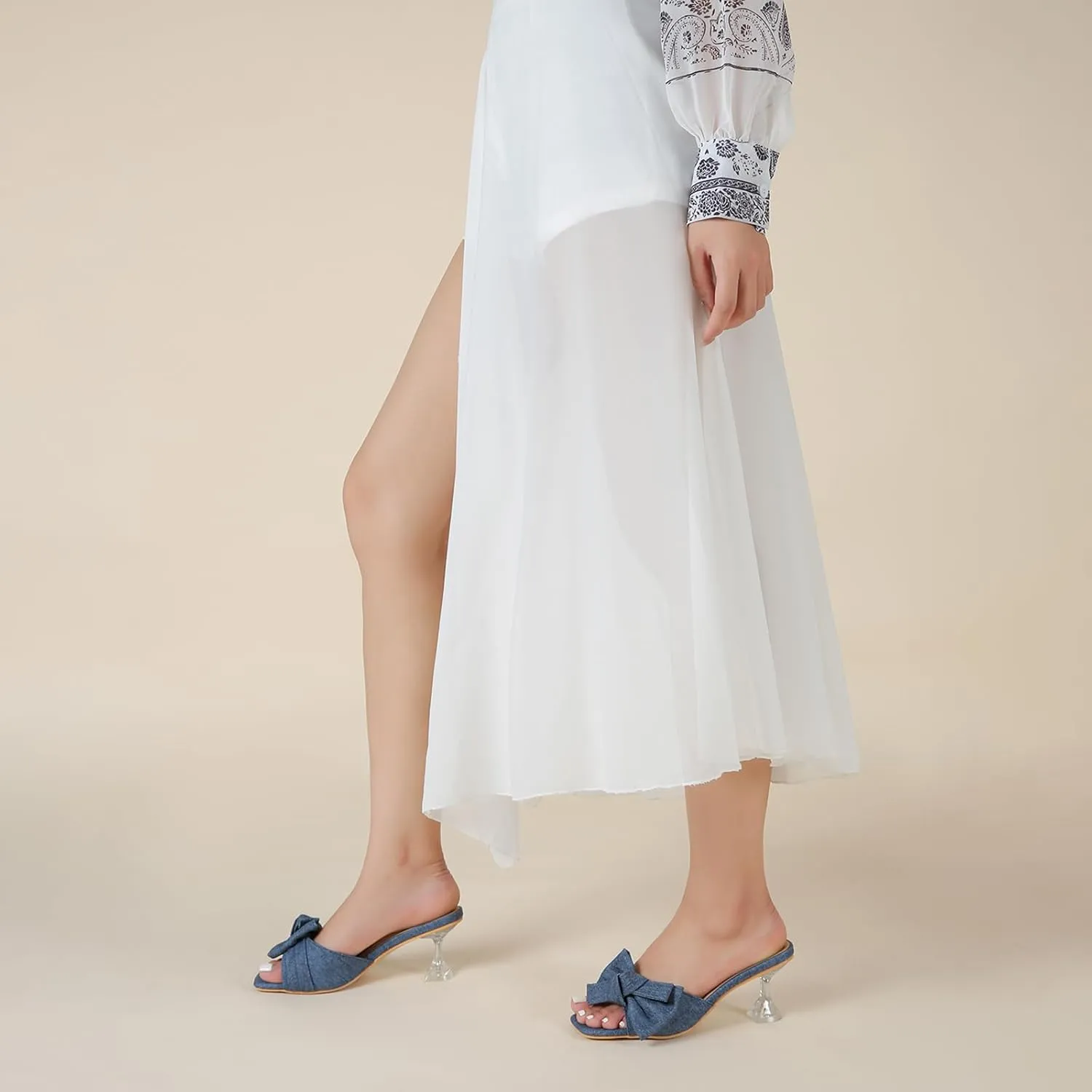 Women's Bowknot Heeled Sandals Square Toe Satin Bow Heels Mules Slipper Slip on Wedding Bridal Dress Shoes