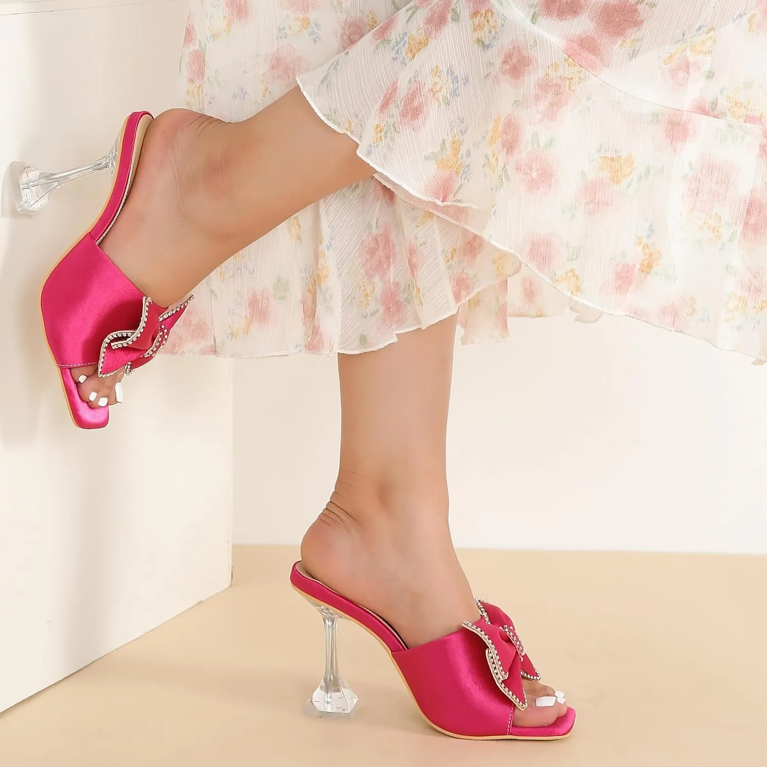 Women's Bowknot High Heel Mule Sandals Clear Heels Square Toe Satin Bow Mules Backless Slip on Slippers Comfortable Wedding Party Dress Shoes