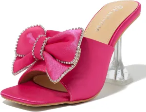 Women's Bowknot High Heel Mule Sandals Clear Heels Square Toe Satin Bow Mules Backless Slip on Slippers Comfortable Wedding Party Dress Shoes