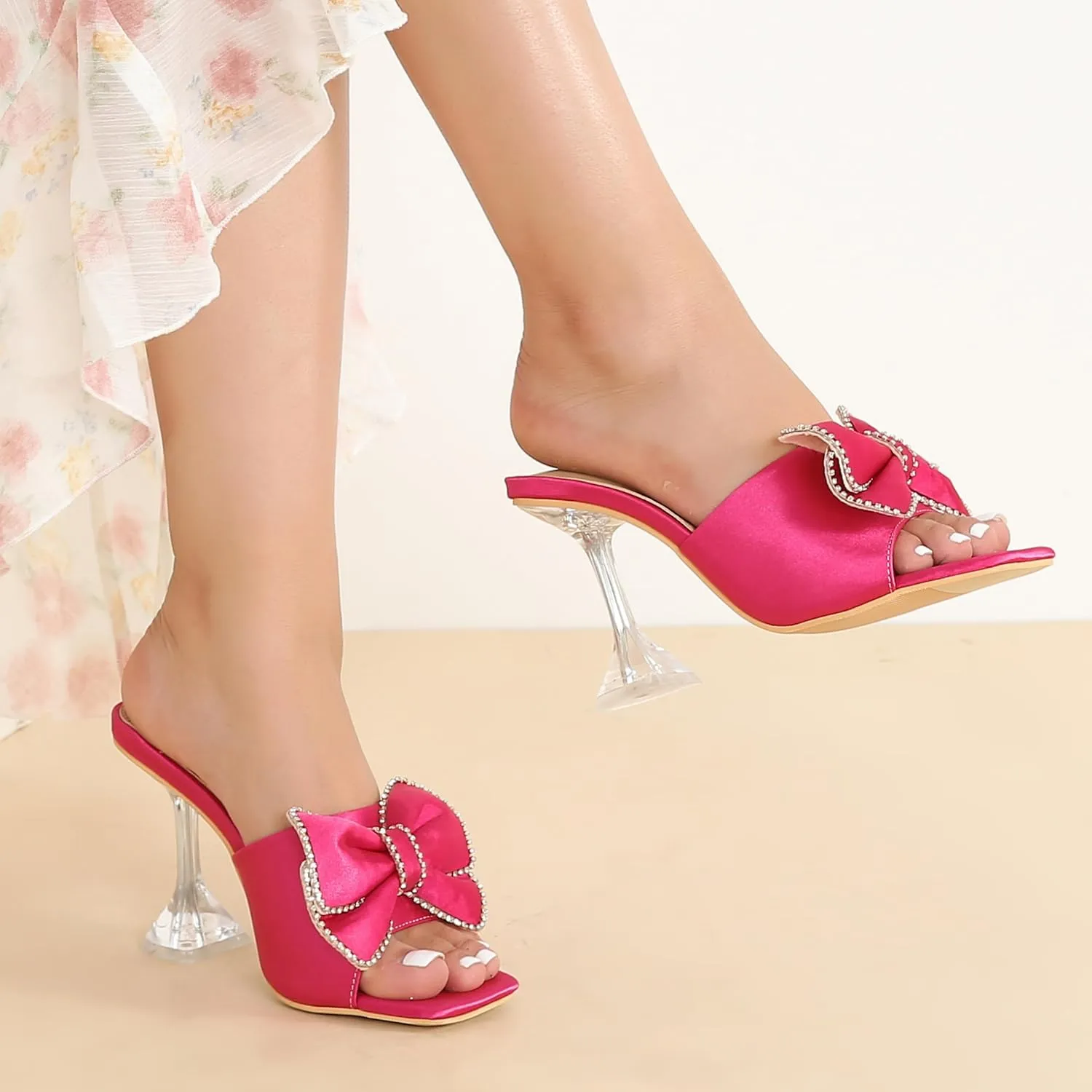 Women's Bowknot High Heel Mule Sandals Clear Heels Square Toe Satin Bow Mules Backless Slip on Slippers Comfortable Wedding Party Dress Shoes