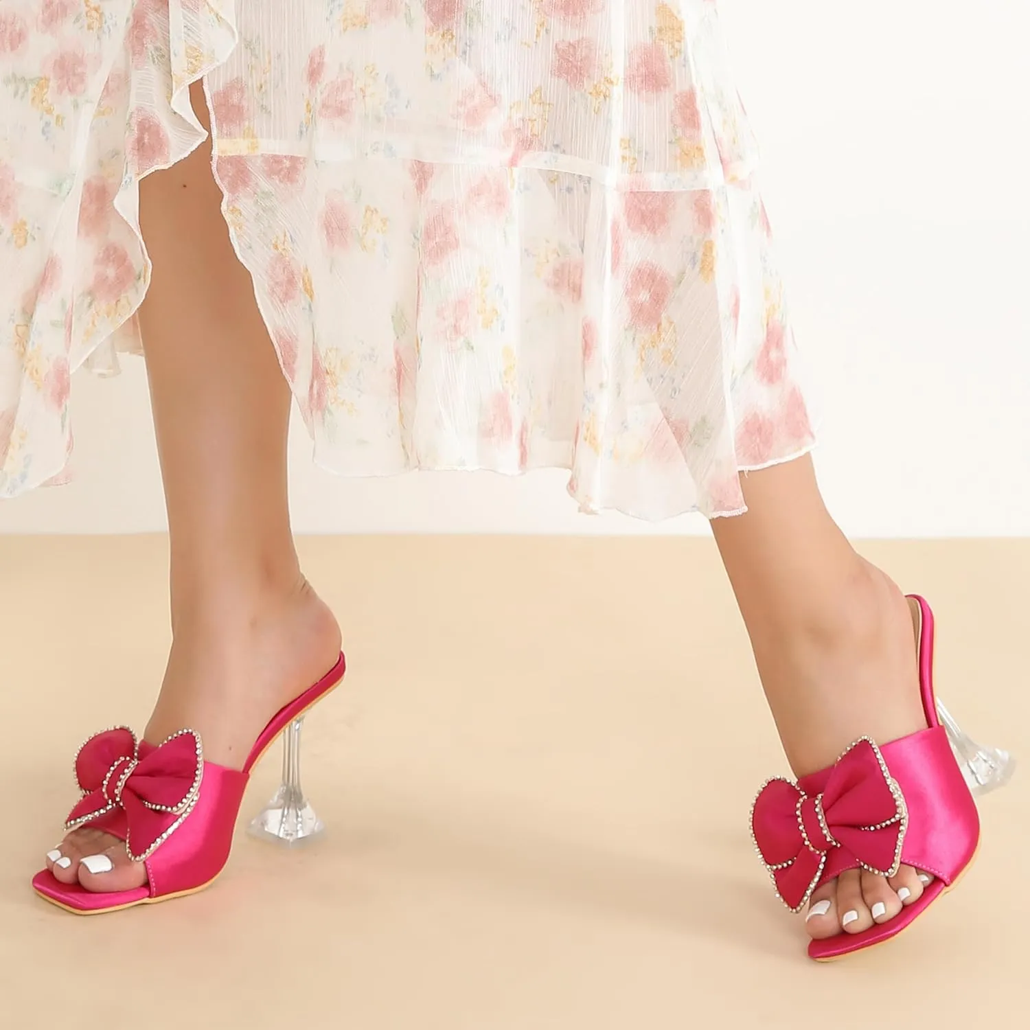 Women's Bowknot High Heel Mule Sandals Clear Heels Square Toe Satin Bow Mules Backless Slip on Slippers Comfortable Wedding Party Dress Shoes