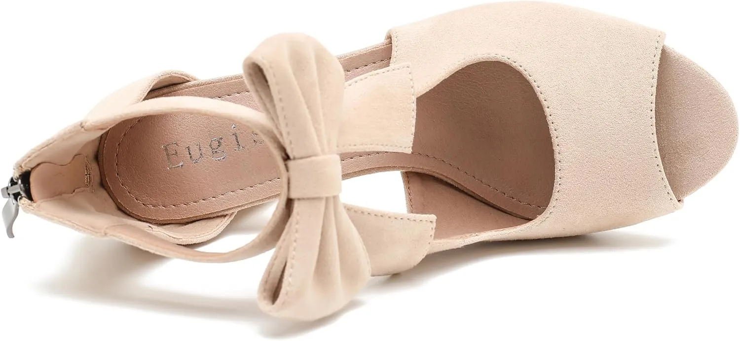 Women's Bows Strappy Sandals Open Toe Chunky High Heels Sandals Ankle Strap Dressy Pumps Back Zip Cutout Heeled Summer Party Sandals