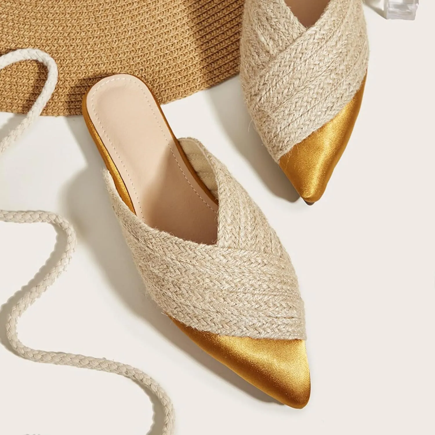 Women's Braided Satin Flat Sandals Clogs Summer Sexy Closed Pointed Toe Backless Slip On Bohemian Mules Dressy Beach Oceanside Holiday Casual Dress Sandals