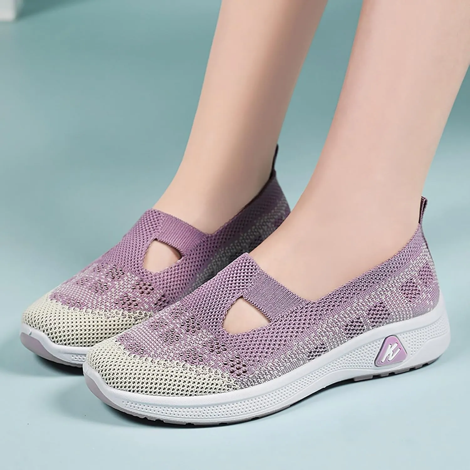 Women's Breathable Comfortable Leisure Hollow Mesh Non Slip Flat Bottom One Foot Stirrup Sneakers Casual Brass Buckle Low Heel Back Zipper Shoes