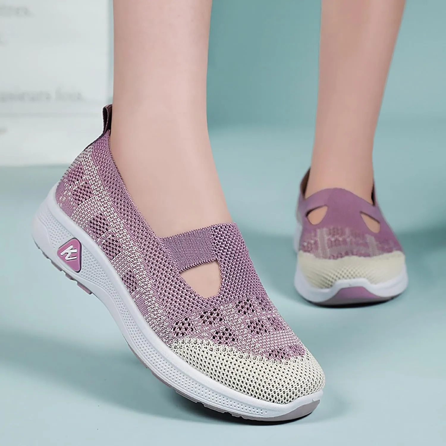 Women's Breathable Comfortable Leisure Hollow Mesh Non Slip Flat Bottom One Foot Stirrup Sneakers Casual Brass Buckle Low Heel Back Zipper Shoes