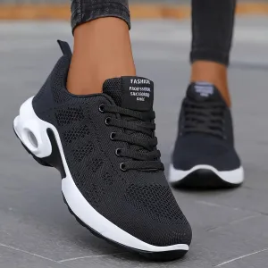 Women's Breathable Knit Sneakers - Lightweight Lace-Up Running Shoes with Air Cushion, Comfortable All-Season Low-Top Design in Black, Pink, Gray, Purple & Blue, Cute Shoes