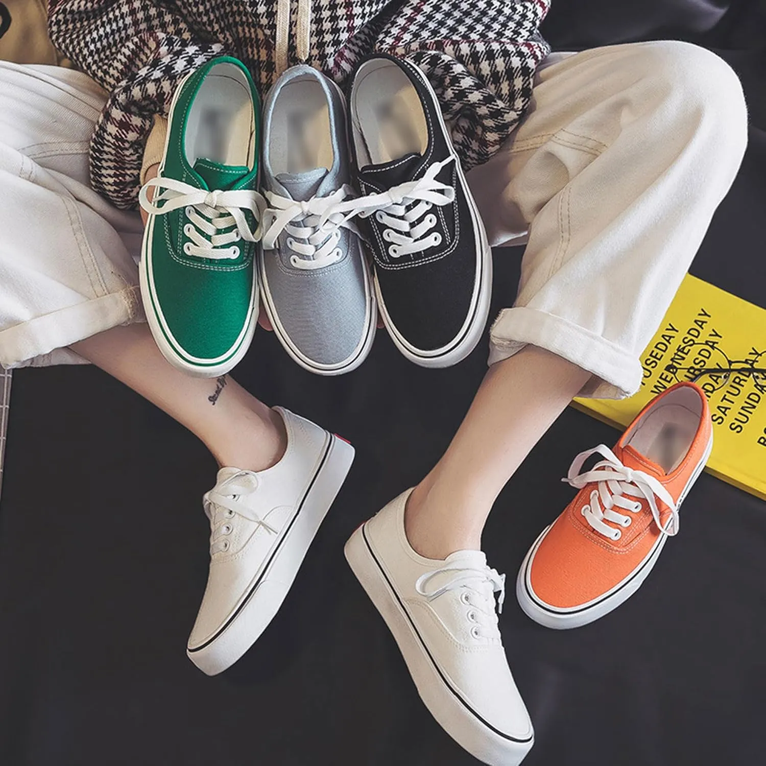 Women's Canvas Shoes Low Top Fashion Classic Slip on Canvas Sneakers Lace-up Walking Shoes Tennis Shoes