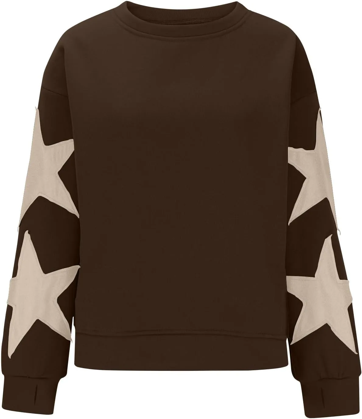 Women's Casual Loose Color Matching Round Neck Long Sleeved T-shirt ，Loose Top Long Sleeved Round Neck Star Tops