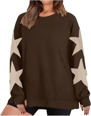 Women's Casual Loose Color Matching Round Neck Long Sleeved T-shirt ，Loose Top Long Sleeved Round Neck Star Tops
