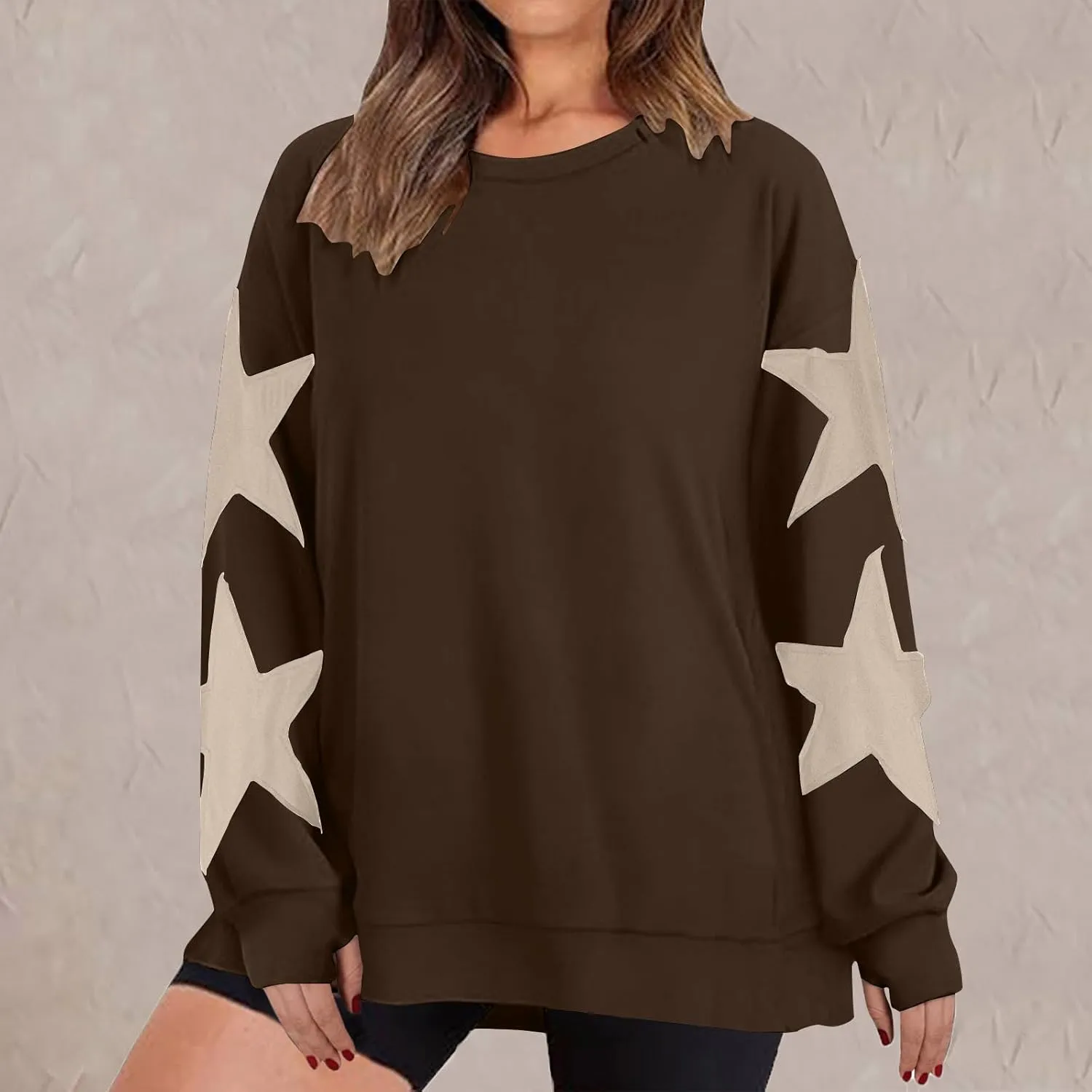 Women's Casual Loose Color Matching Round Neck Long Sleeved T-shirt ，Loose Top Long Sleeved Round Neck Star Tops